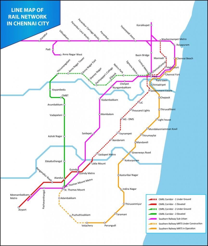Chennai yerli dəmir yolu marşrutu xəritədə